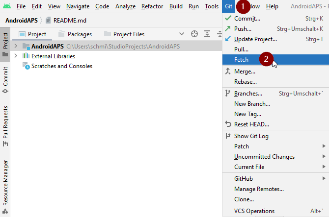 Android Studio Menü - Git - Fetch