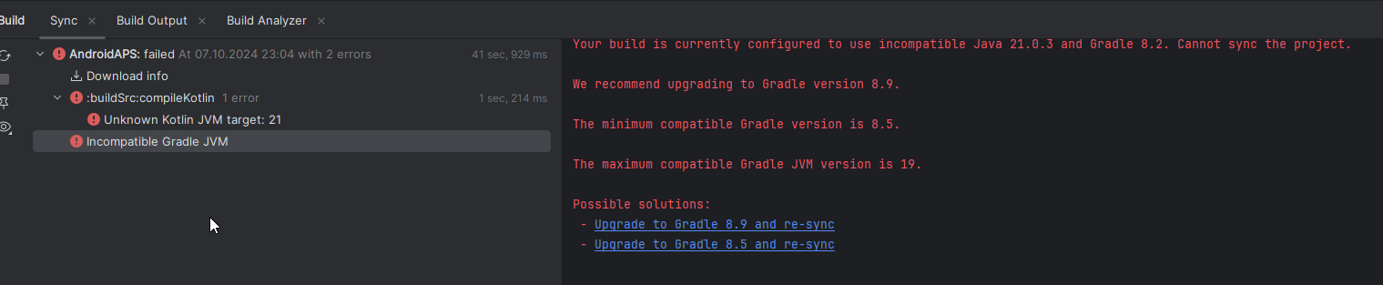 Incompatible Gradle JVM