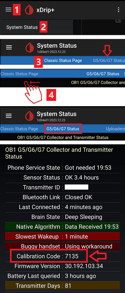 xDrip+ Dexcom Sensorcode ermitteln (Status Bildschirm)