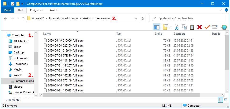 AndroidAPS Preferences Datei - Smartphone mit PC verbunden
