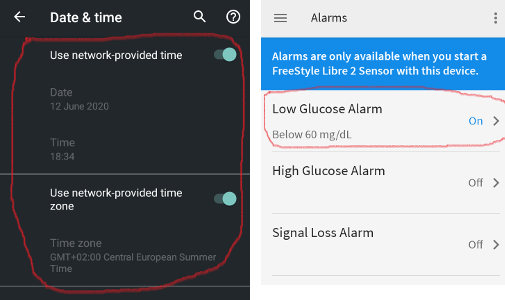 automatic time and time zone + alarm settings
