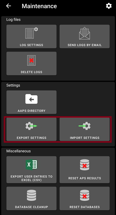 Maintenance menu export/import buttons