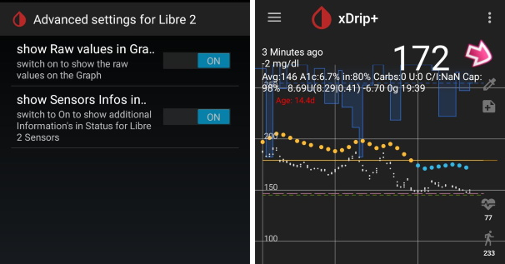 xDrip+ paramètres avancés Libre 2 & valeurs brutes