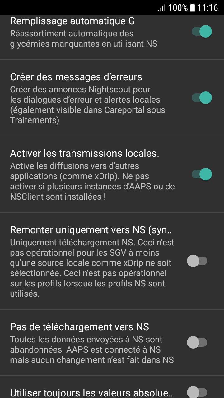 Paramètres de téléchargement Nighscout