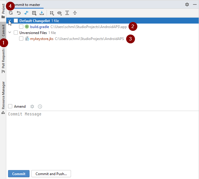 Onglet de commit : changements non commités
