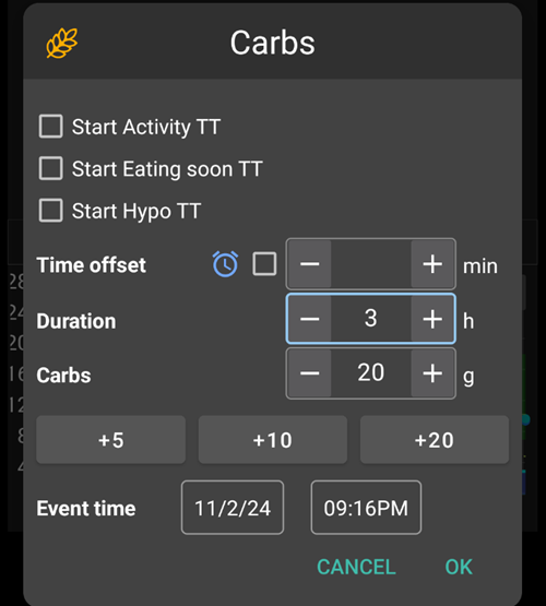 Enter carbs
