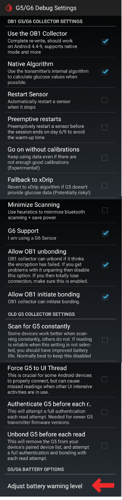 xDrip+ G5/G6 Debug instellingen