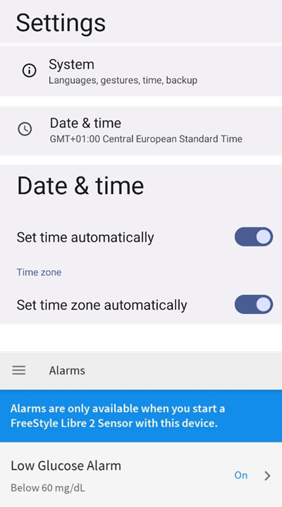 automatische tijd en tijdzone + alarminstellingen