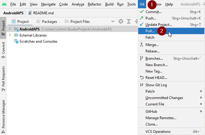 Android Studio Menüsü - Git - Pull