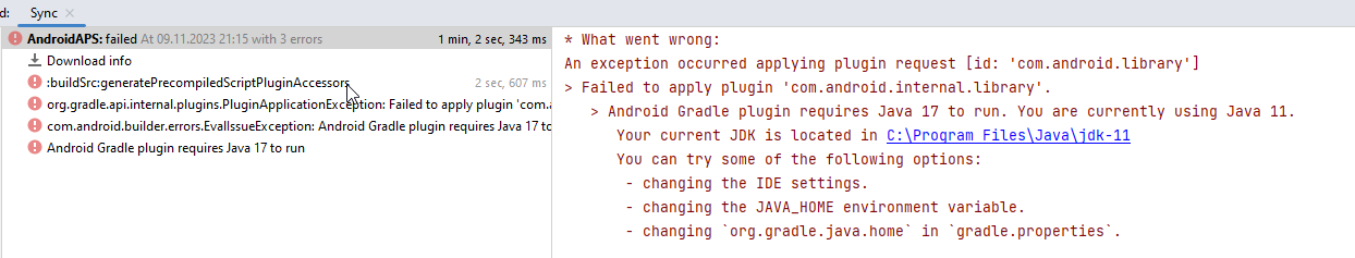 Android Gradle eklentisinin çalışması için Java 11 gerekir