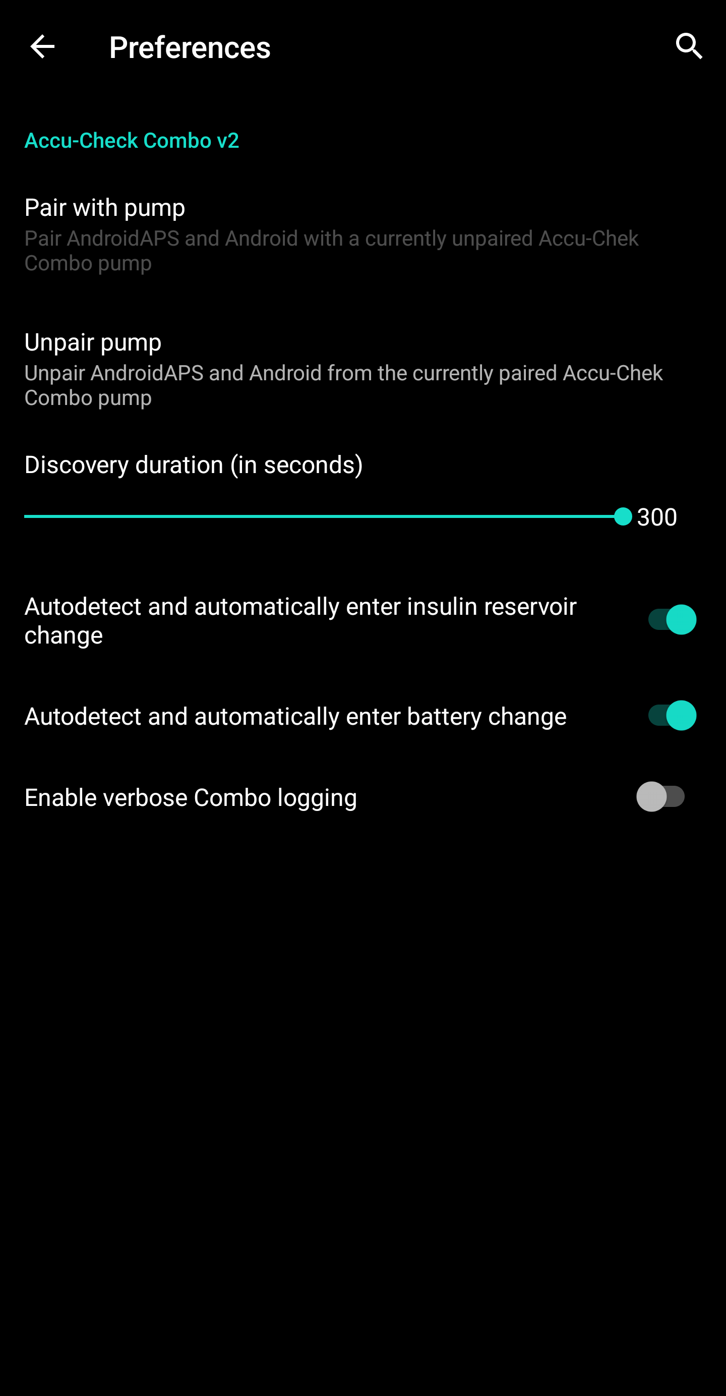 Accu-Chek Combo tercihlerinin ekran görüntüsü