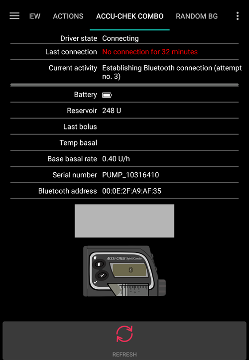 No connection to pump (as shown in the new driver's tab)