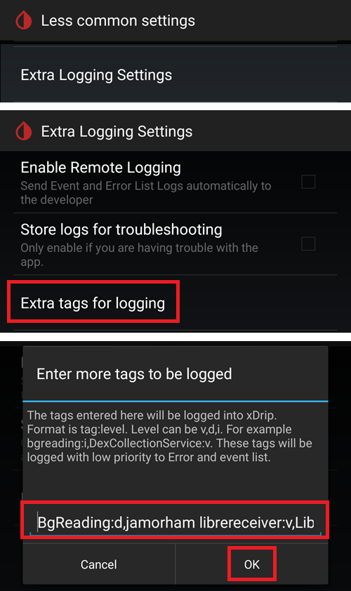 xDrip+ debug settings