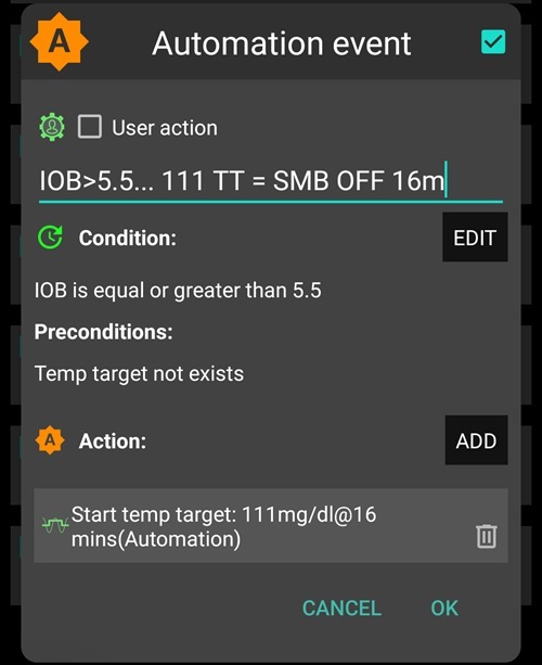 活性胰島素 >5.5...111 TT = 關閉 SMB 16 分鐘
